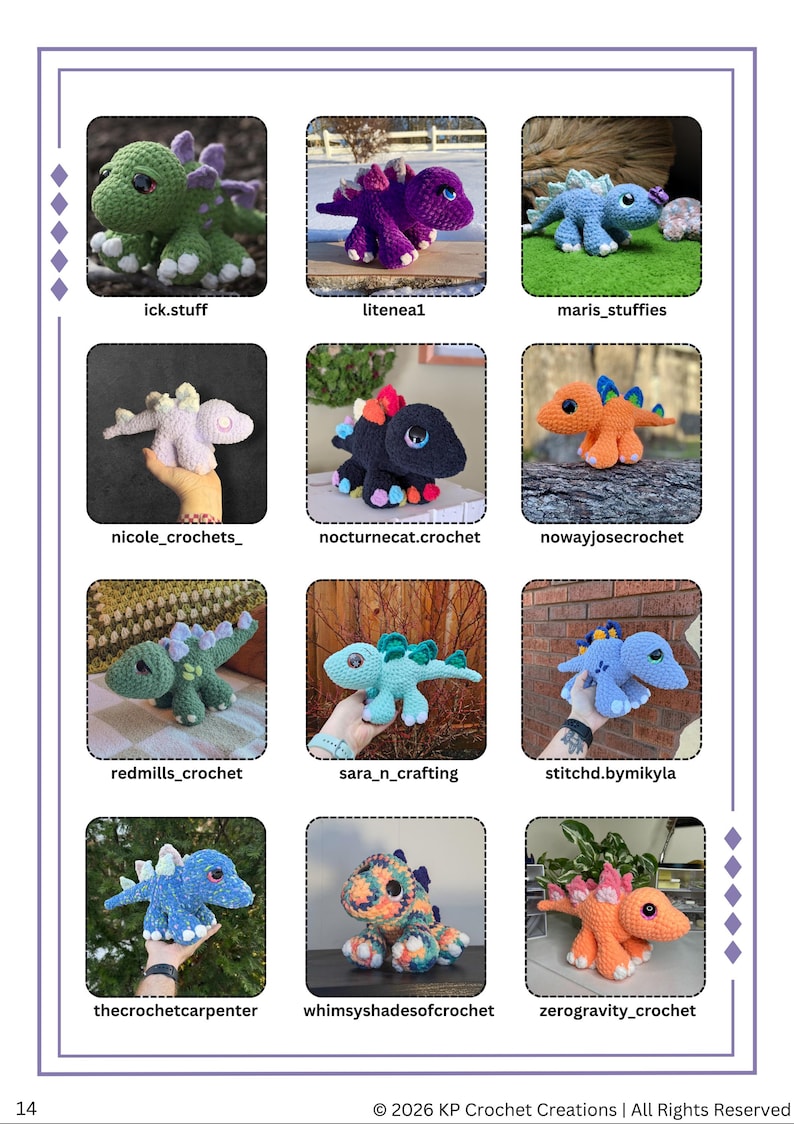 Op de afbeelding: Een pagina met verschillende gehaakte dinosaurusknuffels in verschillende kleuren, waaronder groen, paars, blauw en oranje. Elke dinosaurus heeft unieke kenmerken en wordt weergegeven met de naam van de maker. De afbeelding is van KP Crochet Creations.