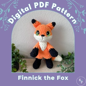Könnte beinhalten: Ein digitales PDF-Muster zum Häkeln eines niedlichen orange-schwarzen Fuchs-Amigurumi-Spielzeugs namens Finnick the Fox. Das Muster steht zum Download bereit.