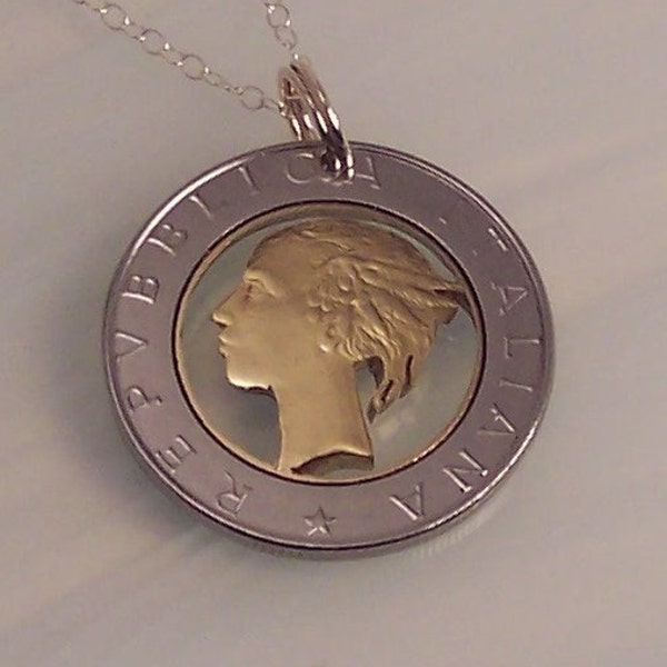 Italian 500 Lire cut coin necklace jewelry made from a real Italian coin