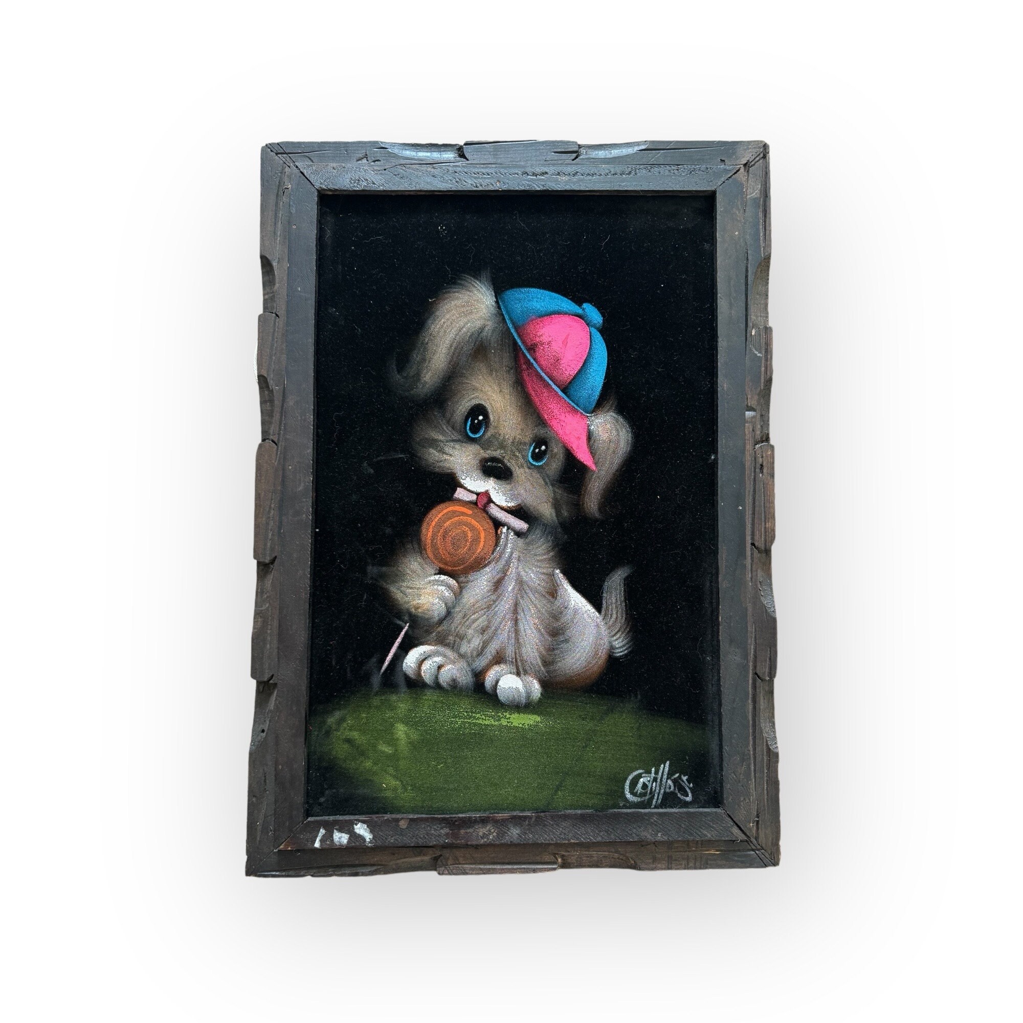 Vintage Velvet Puppy Painting Castillo Jr Carved Wood Frame Cute Big Eye Neon Style