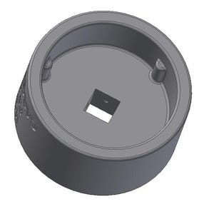 May include: A gray metal socket wrench with a square opening in the center. The wrench is designed to fit over a nut or bolt.