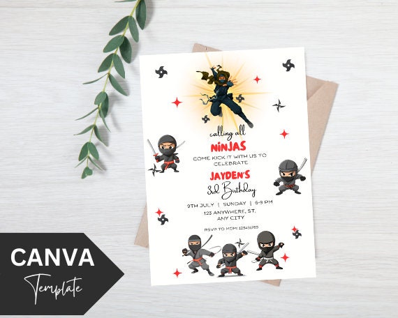 Editable Ninja Warrior Birthday Invitation Template, Printable Karate ...