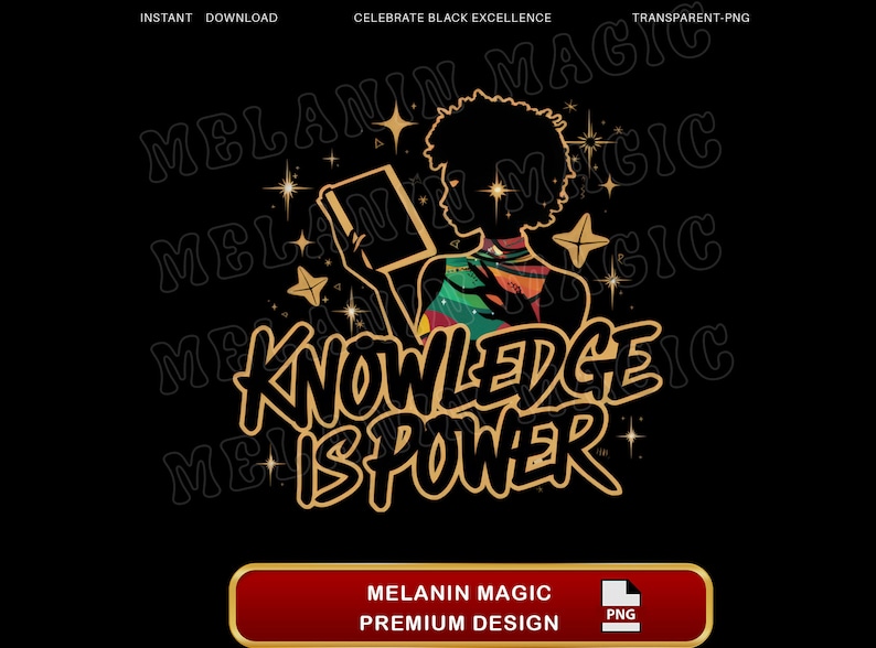 Knowledge Is Power Png Sublimation Design, Empowerment Png, Educational Png, Vibrant Png, Curly Hair Png, T Shirt Design, Digital Download image 1