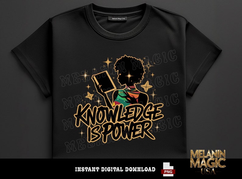 Knowledge Is Power Png Sublimation Design, Empowerment Png, Educational Png, Vibrant Png, Curly Hair Png, T Shirt Design, Digital Download image 2