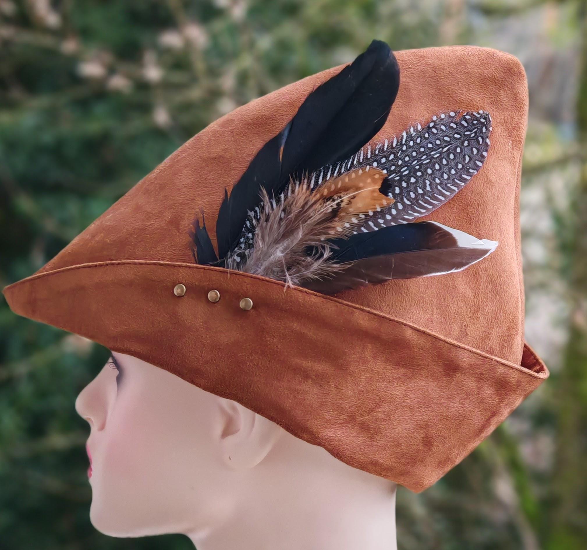 Robin Hood Hat. Beaked Hat. Suede Feather Hat. Hunter's Hat