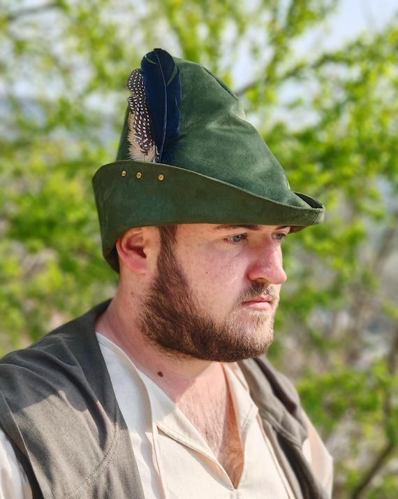 Robin Hood Hat. Beaked Hat. Suede Feather Hat. Hunter's Hat