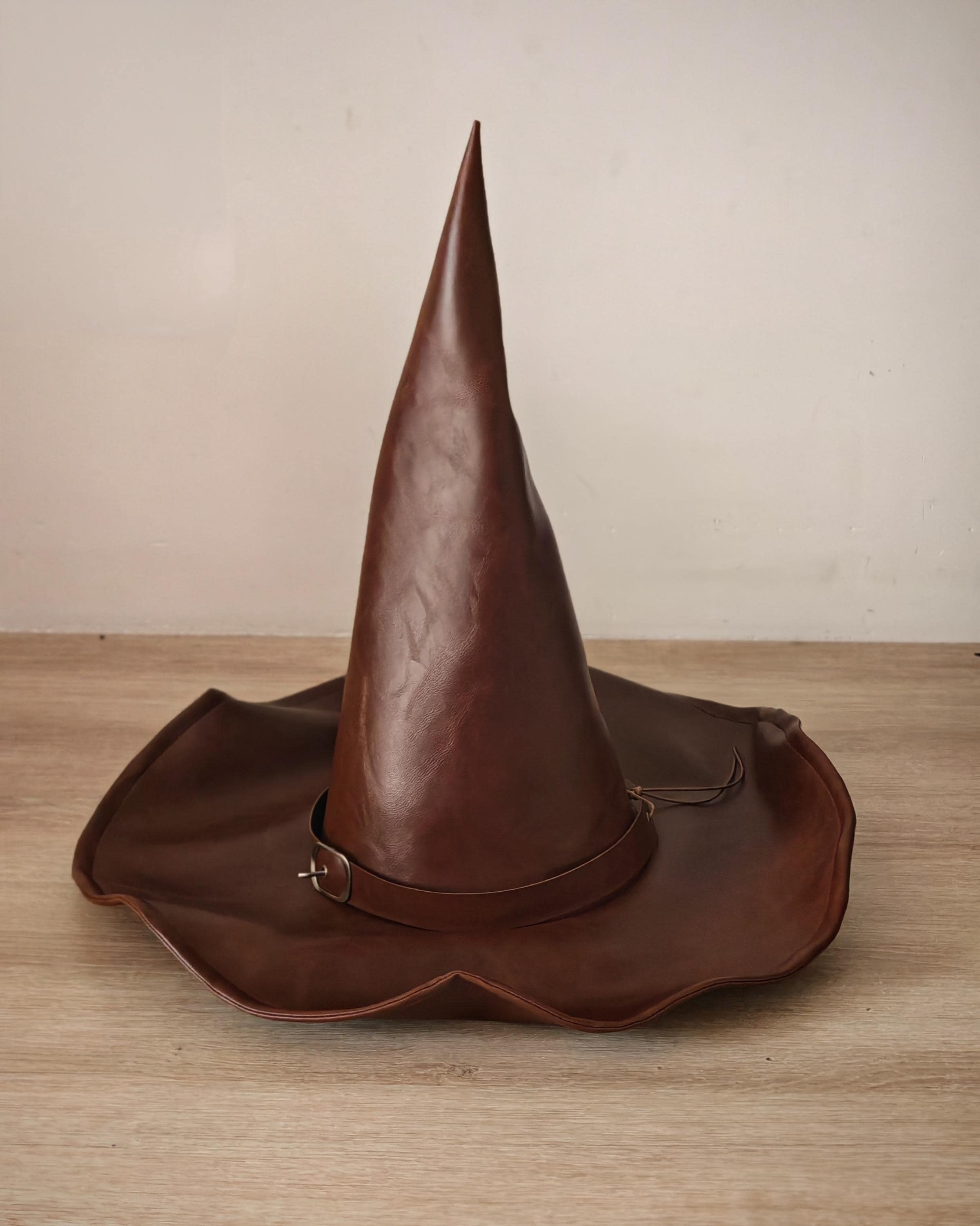 Brown Faux Leather Witch Hat. Pointed Hat for Halloween 