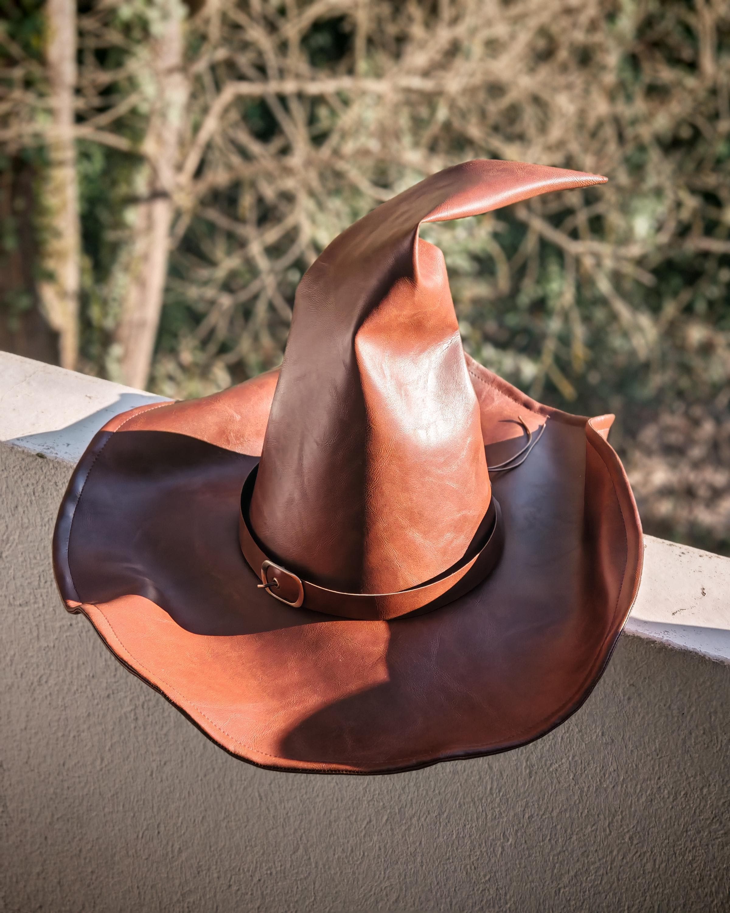 Brown Faux Leather Witch Hat. Pointed Hat for Halloween  display picture 1