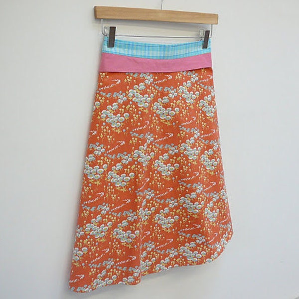Tangerine A-Line Wrap Skirt with Turquoise Plaid Sash and Rose Pink Collar Trim, size S/M
