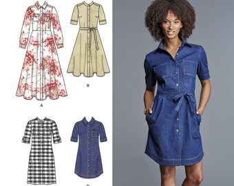 Denim shirt dress with collar & sleeve; knee length and shirt tail hem mini dress New Sewing Pattern in Misses and Plus Size 8014 Simplicity
