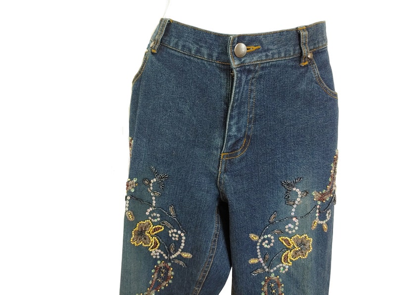70s Hippie Bell Bottom Denim Jeans Dark Blue With Pockets Flower Bead Embroidery For Women Size 10 By Willi Smith Vintage Clothes 2279 Women S Clothing Clothing Ugaurbanag Com