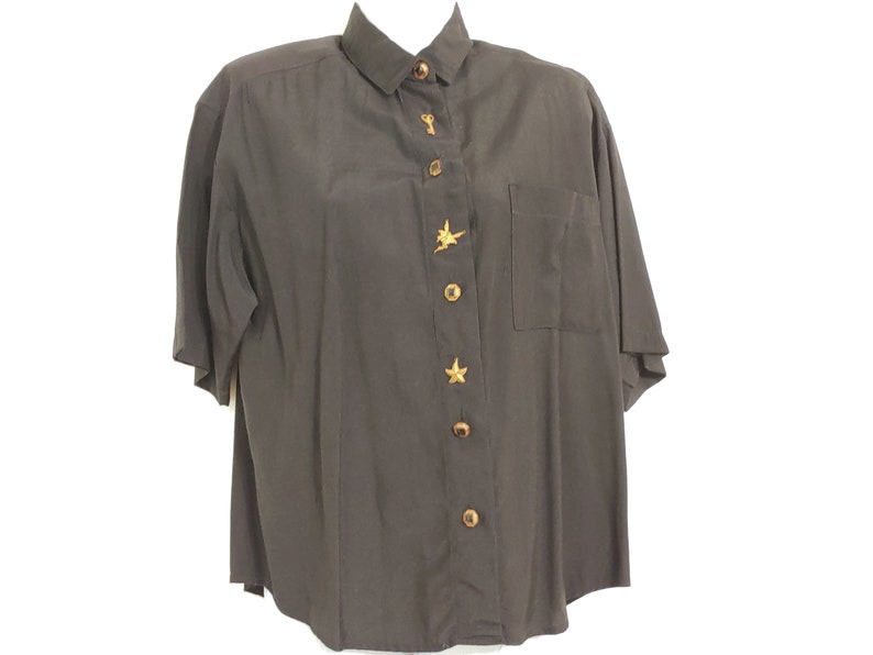90s Black work blouse with front pocket and fairy key and diamond charm buttons for Women Size 10 by Gianna Vtg Business Clothes B5-2245