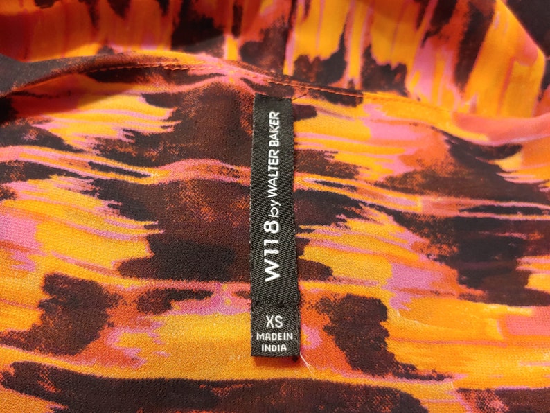 XS work ruffle tier dress in orange and pink abstract with dark blue slip for Women by Walter Baker 80s Vintage Clothes B5-2196