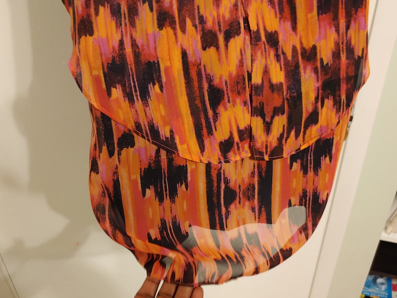 XS work ruffle tier dress in orange and pink abstract with dark blue slip for Women by Walter Baker 80s Vintage Clothes B5-2196