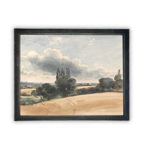 May include: A watercolour painting depicting a rural landscape with a field in the foreground, a line of trees in the middle ground, and a cloudy sky in the background.