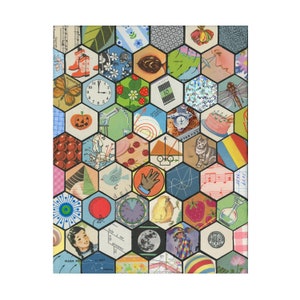 May include: A colorful collage of images arranged in a honeycomb pattern. The images include a clock, a pumpkin, a cat, a bird, a bicycle, a hand, a chick, a moon, a strawberry, a bottle, and more.