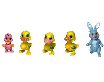 5 Vintage Miniature Figures - 3 Ducks, 1 Bunny, 1 Duckling - 1-1.5" Cake Toppers