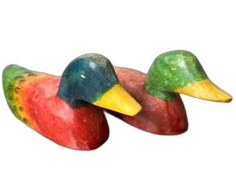 2 Vintage Hand Carved Wooden Ducks Rainbow Painted Folk Art Bird Figurines Chile