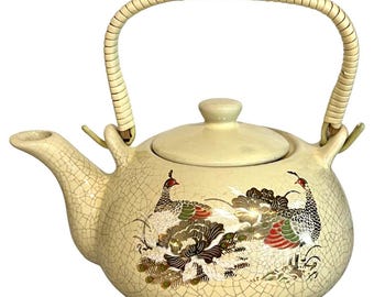 Vintage Japanese Style Ceramic Teapot Crackle Glaze Pheasant Bird Woven Handle