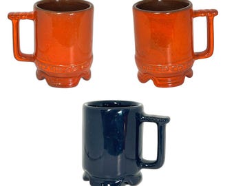 3 Red Blue Frankoma Mug Set Footed Ceramic Cups Coffee Tea Handle 1950s VINTAGE