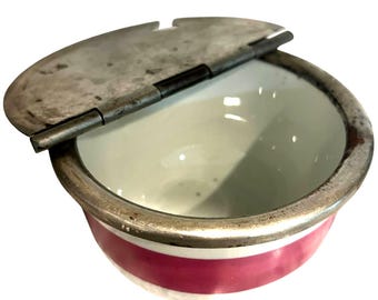 Antique "Buffalo China" Sugar Bowl Metal Flip Lid & Maroon Stripes (1919) - RARE