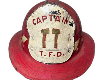 VINTAGE Firefighter Captain's Helmet Fiberglass Leather TFD Marked Est.1960s Era