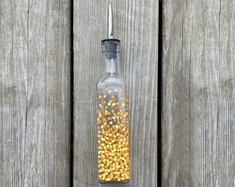 Painted Polka Dot Oil and Vinegar Bottle // Single Painted Bottle // Orange & Yellow