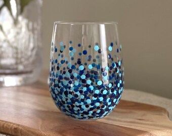 Painted Polka Dot Wine Glass // Single Stemless Glass // Blue & Light Blue