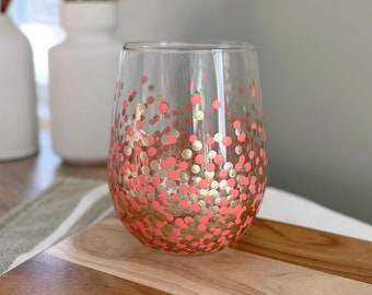 Painted Polka Dot Wine Glass // Single Stemless Glass // Gold & Pink