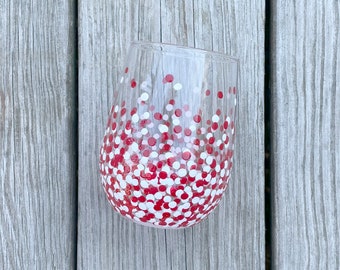 Painted Polka Dot Wine Glass // Single Stemless Glass // Red & White