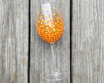 Painted Polka Dot Wine Glass // Single Stemmed Glass // Orange & Yellow