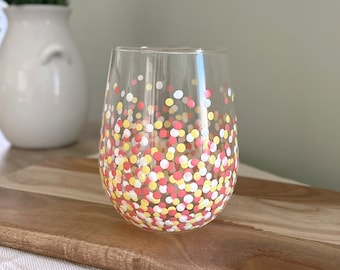 Painted Polka Dot Wine Glass // Single Stemless Glass // Coral, Yellow & White