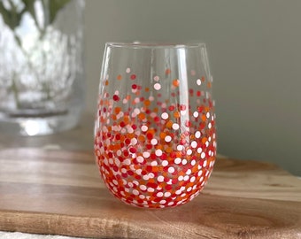 Painted Polka Dot Wine Glass // Single Stemless // Red, Orange & Light Pink