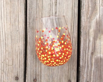 Painted Polka Dot Wine Glass // Single Stemless Glass // Red, Yellow & Orange