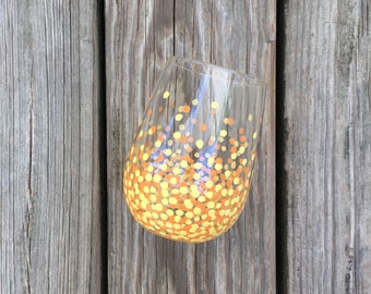 Painted Polka Dot Wine Glass // Single Stemless Glass // Orange & Yellow