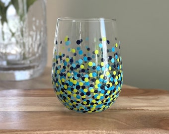 Handpainted Polka Dotted Stemless Wine Glass // Blues & Lime Green // Single Glass (Also Available As a Ceramic Mug)