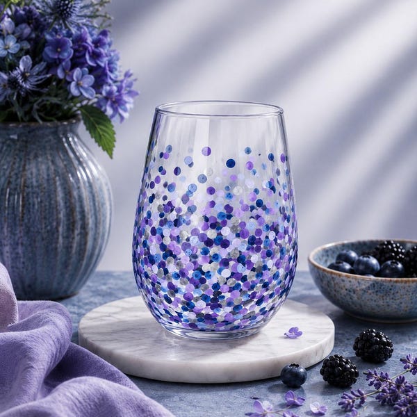 Hand Painted Polka Dot Stemless Wine Glass: Purple, Blue & Silver