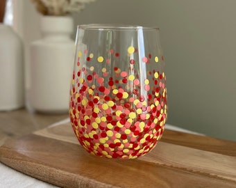 Painted Polka Dot Wine Glass // Single Stemless Glass // Red, Yellow & Coral