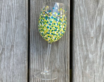 Painted Polka Dot Wine Glass // Single Stemmed Glass // Yellow, Green & Teal
