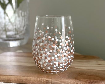 Painted Polka Dot Wine Glass // Single Stemless Glass // Metallics & White