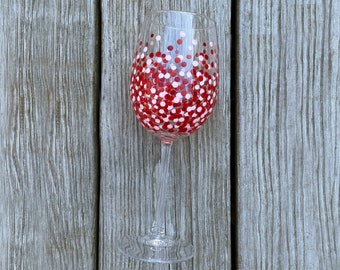 Painted Polka Dotted Wine Glass // Single Stemmed Glass // Red & Pink