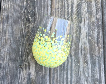 Painted Polka Dot Wine Glass // Single Stemless Glass // Yellow, Green & Mint