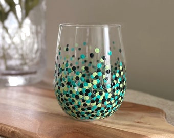 Painted Polka Dotted Wine Glass // Single Stemless Glass // Dark & Light Greens