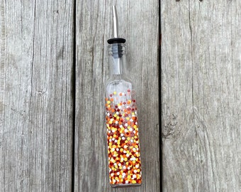 Painted Polka Dot Oil and Vinegar Bottle // Single Painted Bottle // Red, Orange, Yellow & White