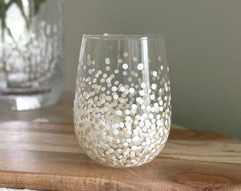 Painted Polka Dot Wine Glass // Single Stemless // White & Champagne White