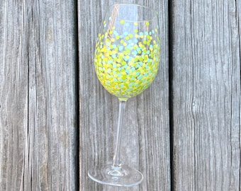 Painted Polka Dot Wine Glass // Single Stemmed Glass // Yellow, Green & Mint