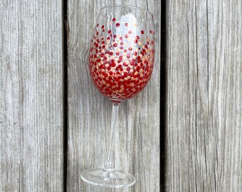 Painted Polka Dot Wine Glass // Single Stemmed Glass // Red & Rose Gold