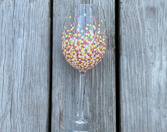 Painted Polka Dot Wine Glass // Single Stemmed Glass // Coral, Yellow & White