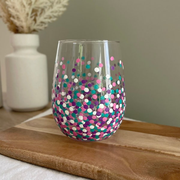Painted Polka Dot Wine Glass // Single Stemless Glass // Pink, Purple & Green