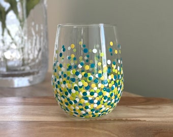 Handpainted Polka Dotted Stemless Wine Glass // Yellow, Green & Teal // Single Glass (Also Available As a Ceramic Mug)